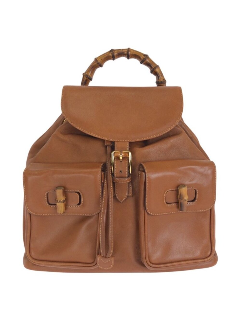 Gucci Vintage Bamboo Brown Gold Leather 003 Backpack
